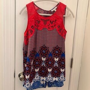 Mesh Lace Mixed Fabric Boho Chic Red and Blue Sleeveless Blouse Open Back